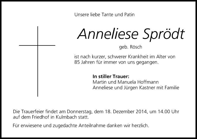  Traueranzeige für Anneliese Sprödt vom 16.12.2014 aus MGO