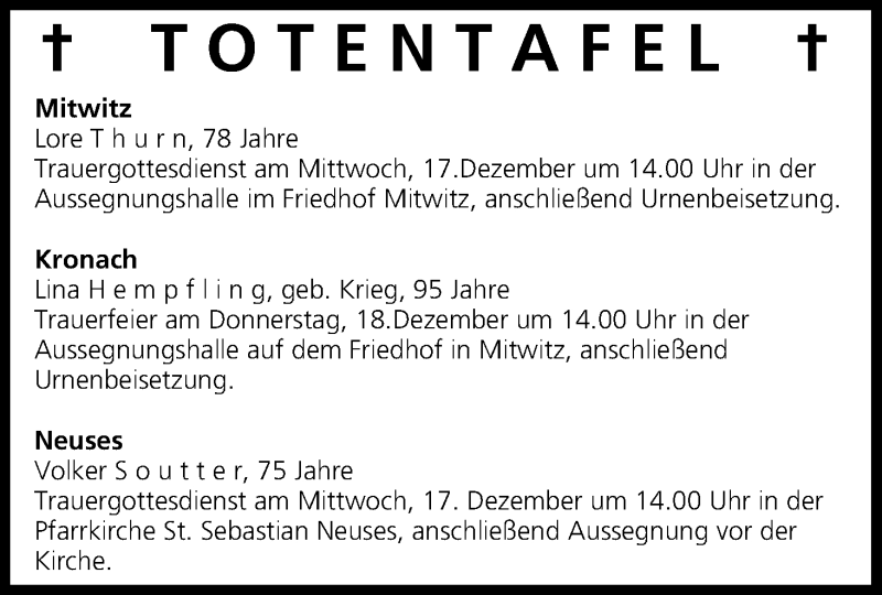  Traueranzeige für Totentafel vom 16.12.2014 vom 16.12.2014 aus MGO