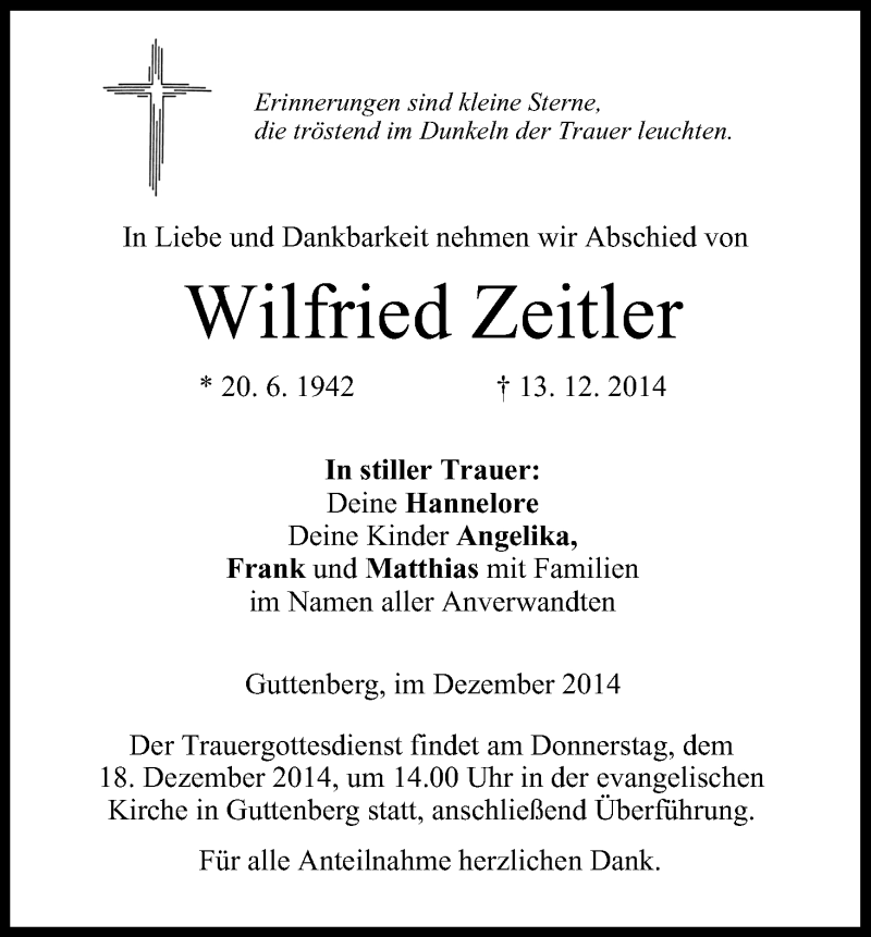  Traueranzeige für Wilfried Zeitler vom 17.12.2014 aus MGO