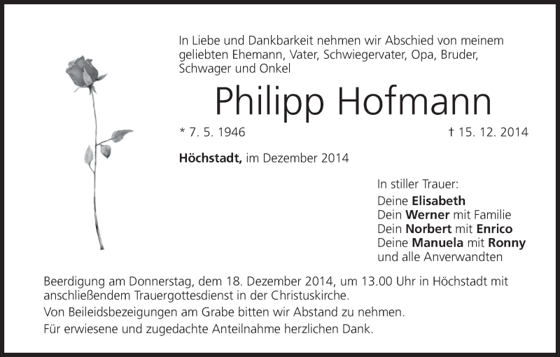  Traueranzeige für Philipp Hofmann vom 16.12.2014 aus MGO