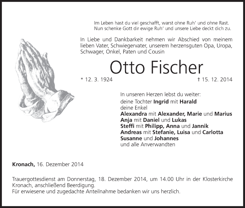  Traueranzeige für Otto Fischer vom 16.12.2014 aus MGO