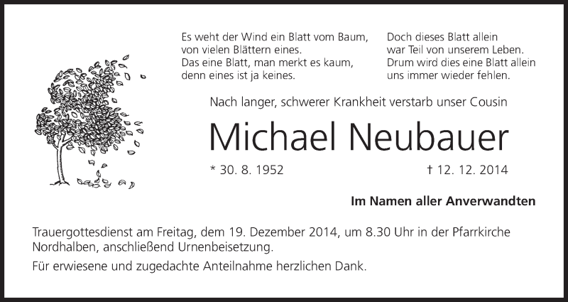  Traueranzeige für Michael Neubauer vom 18.12.2014 aus MGO