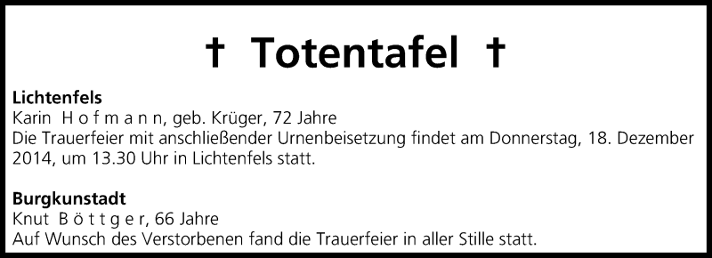  Traueranzeige für Totentafel vom 17.12.2014 vom 17.12.2014 aus MGO