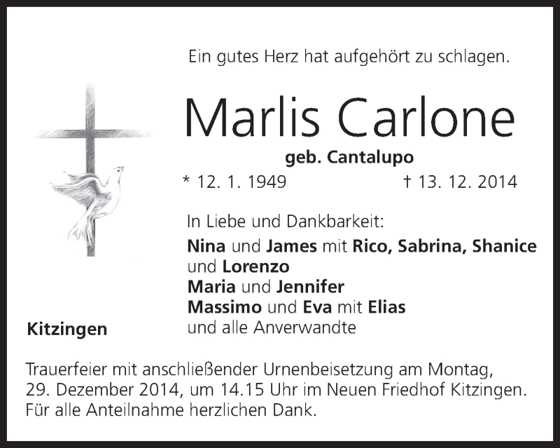  Traueranzeige für Marlis Carlone vom 27.12.2014 aus MGO