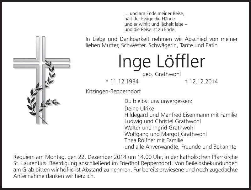  Traueranzeige für Inge Löffler vom 20.12.2014 aus MGO