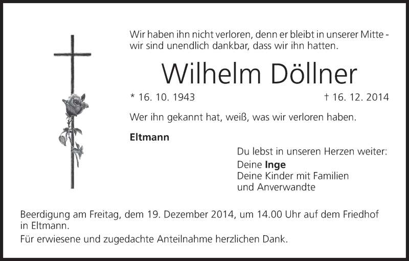  Traueranzeige für Wilhelm Döllner vom 18.12.2014 aus MGO