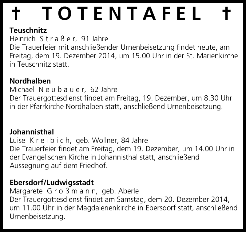  Traueranzeige für Totentafel vom 19.12.2014 vom 19.12.2014 aus MGO