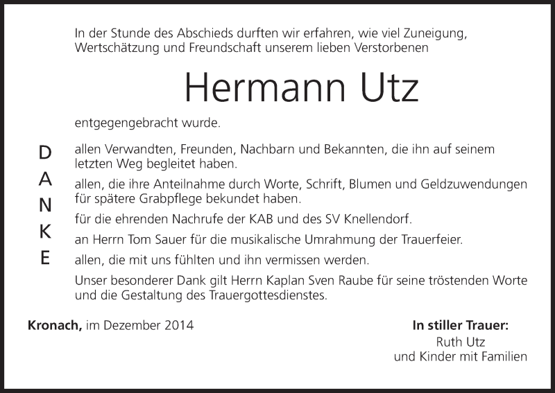  Traueranzeige für Hermann Utz vom 20.12.2014 aus MGO
