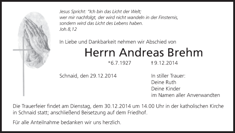  Traueranzeige für Andreas Brehm vom 29.12.2014 aus MGO