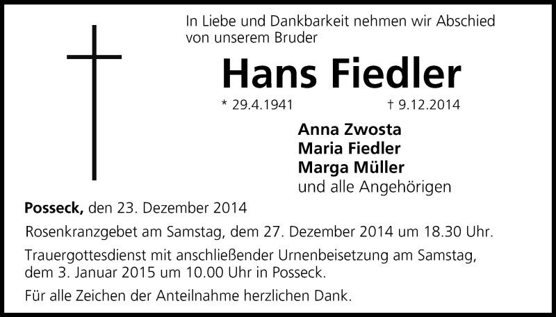  Traueranzeige für Hans Fiedler vom 23.12.2014 aus MGO