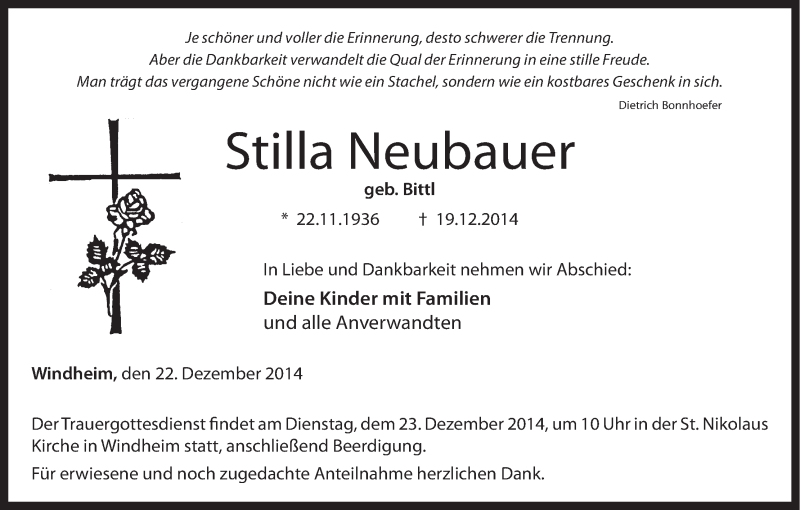  Traueranzeige für Stilla Neubauer vom 22.12.2014 aus MGO