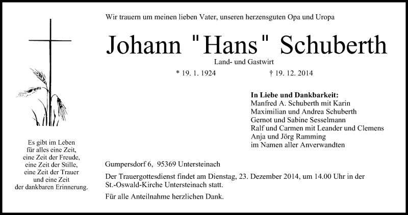  Traueranzeige für Johann Schuberth vom 22.12.2014 aus MGO