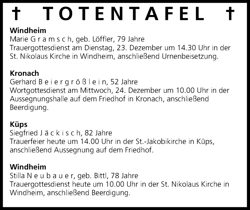  Traueranzeige für Totentafel vom 23.12.2014 vom 23.12.2014 aus MGO