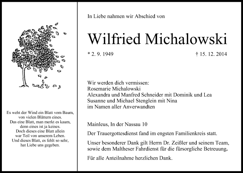  Traueranzeige für Wilfried Michalowski vom 24.12.2014 aus MGO