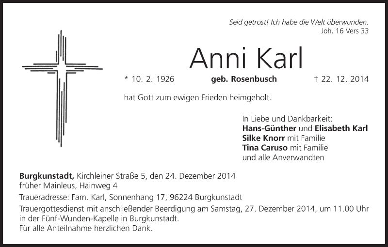  Traueranzeige für Anni Karl vom 24.12.2014 aus MGO