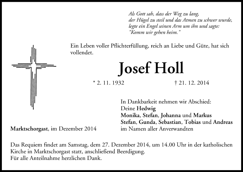  Traueranzeige für Josef Holl vom 24.12.2014 aus MGO