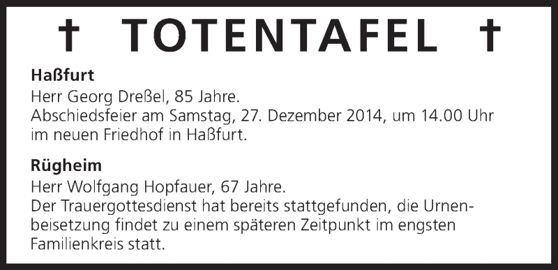  Traueranzeige für Totentafel vom 24.12.2014 vom 24.12.2014 aus MGO