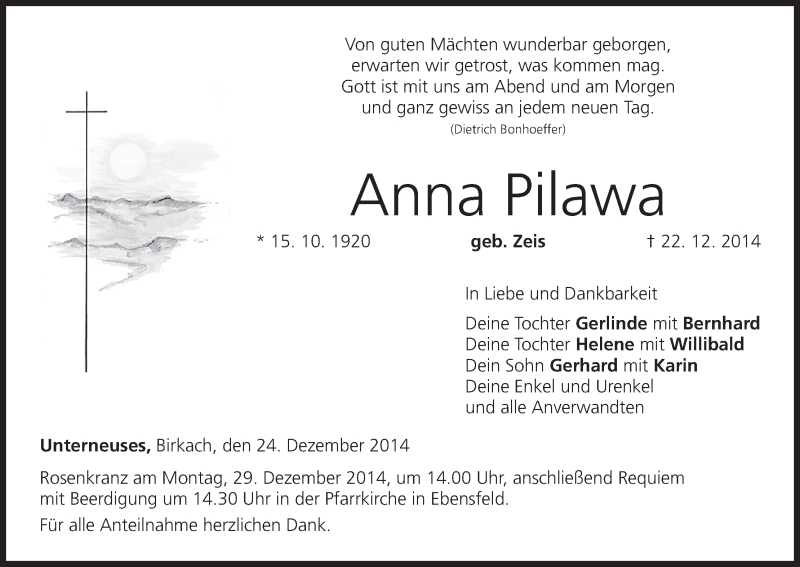  Traueranzeige für Anna Pilawa vom 24.12.2014 aus MGO
