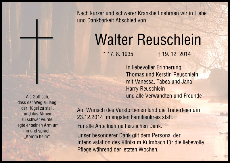  Traueranzeige für Walter Reuschlein vom 24.12.2014 aus MGO