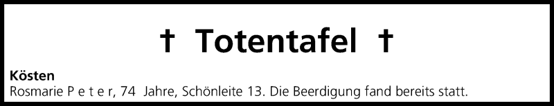  Traueranzeige für Totentafel vom 24.12.2014 vom 24.12.2014 aus MGO