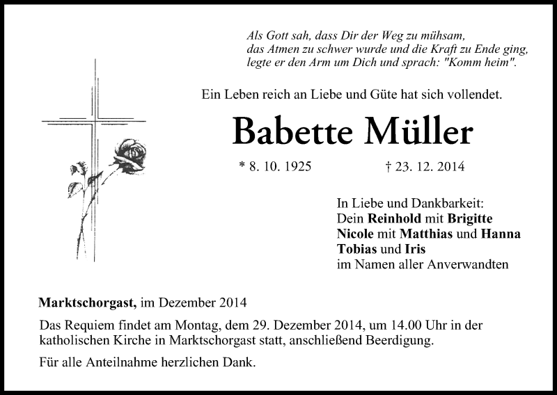  Traueranzeige für Babette Müller vom 27.12.2014 aus MGO