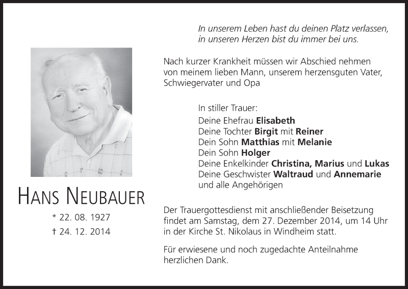  Traueranzeige für Hans Neubauer vom 27.12.2014 aus MGO