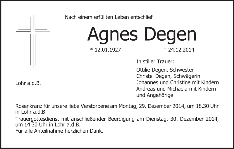  Traueranzeige für Agnes Degen vom 27.12.2014 aus MGO