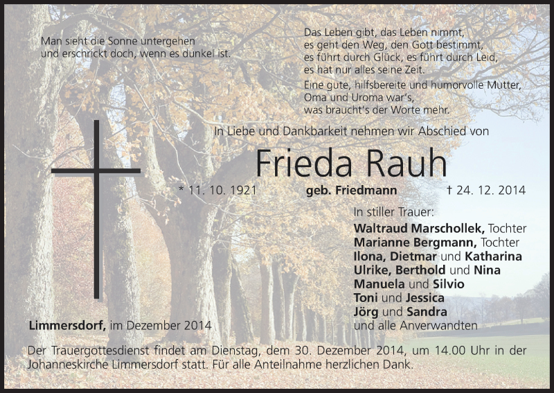  Traueranzeige für Frieda Rauh vom 27.12.2014 aus MGO