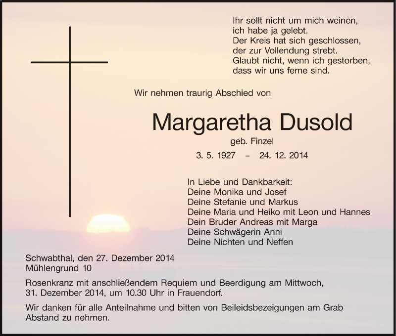  Traueranzeige für Margaretha Dusold vom 27.12.2014 aus MGO