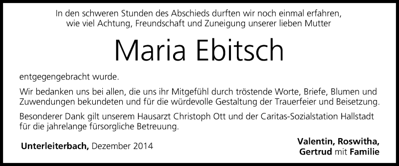  Traueranzeige für Maria Ebitsch vom 31.12.2014 aus MGO