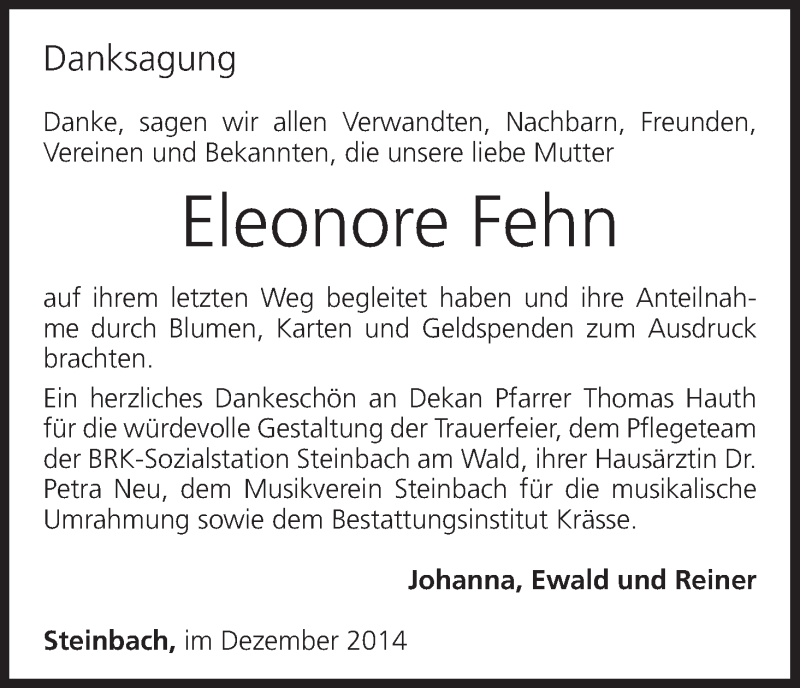  Traueranzeige für Eleonore Fehn vom 29.12.2014 aus MGO