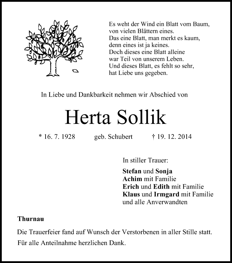  Traueranzeige für Herta Sollik vom 30.12.2014 aus MGO