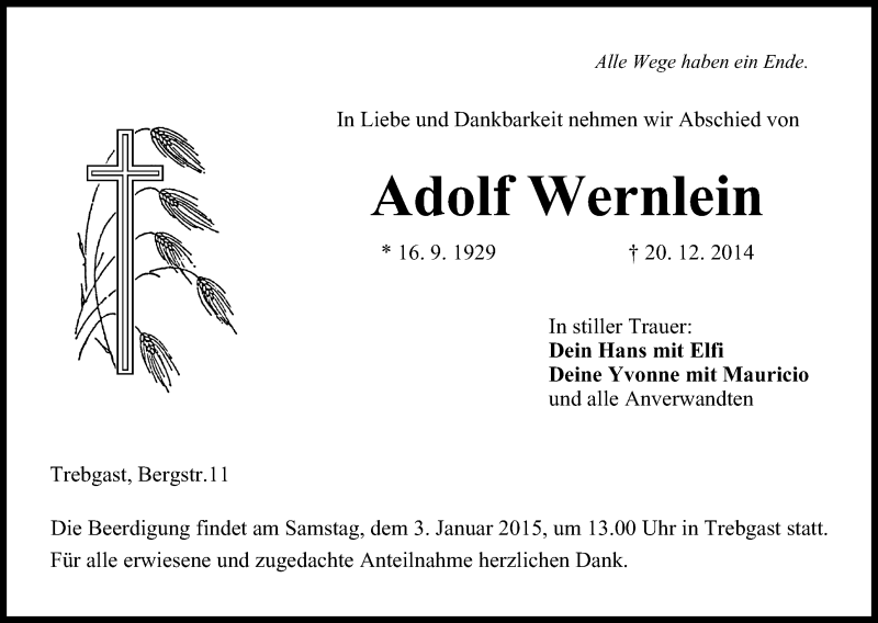  Traueranzeige für Adolf Wernlein vom 30.12.2014 aus MGO