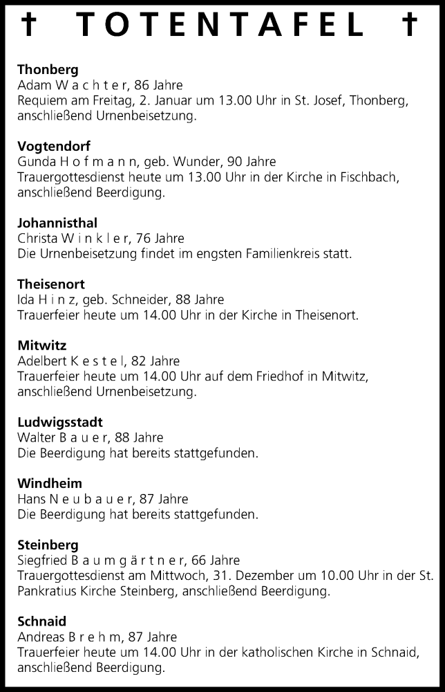  Traueranzeige für Totentafel vom 30.12.2014 vom 30.12.2014 aus MGO