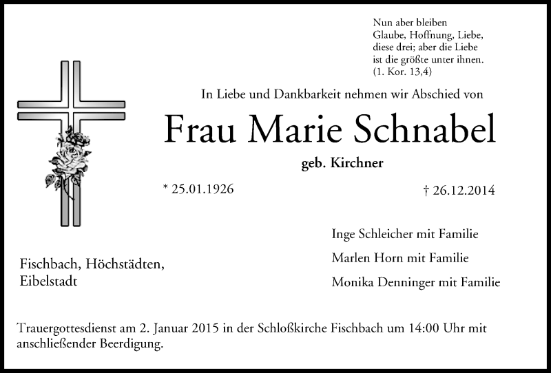  Traueranzeige für Marie Schnabel vom 30.12.2014 aus MGO