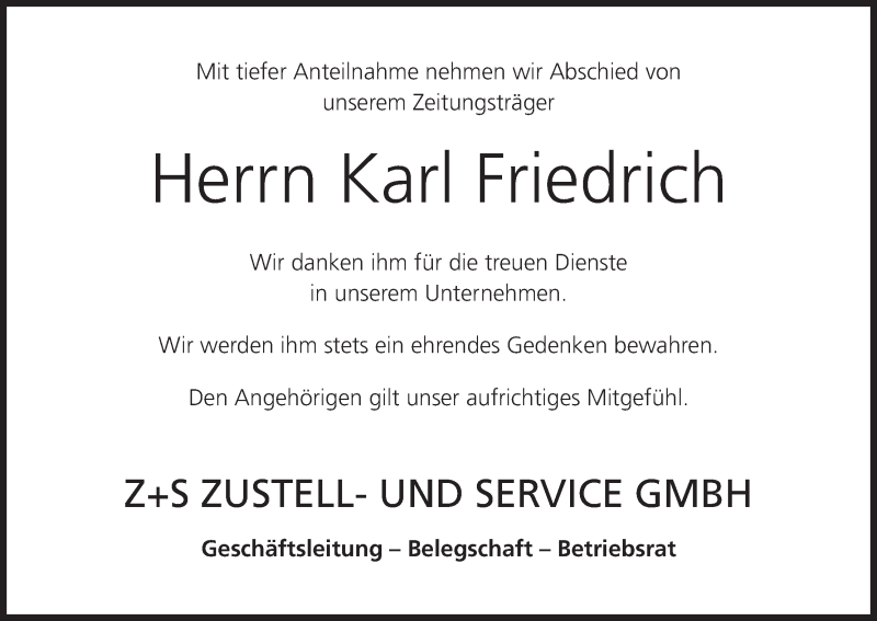  Traueranzeige für Karl Friedrich vom 06.01.2015 aus MGO