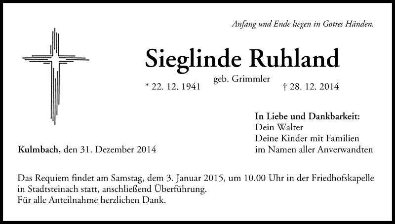  Traueranzeige für Sieglinde Ruhland vom 31.12.2014 aus MGO