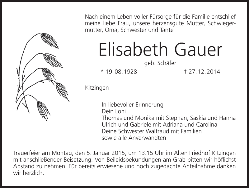  Traueranzeige für Elisabeth Gauer vom 02.01.2015 aus MGO