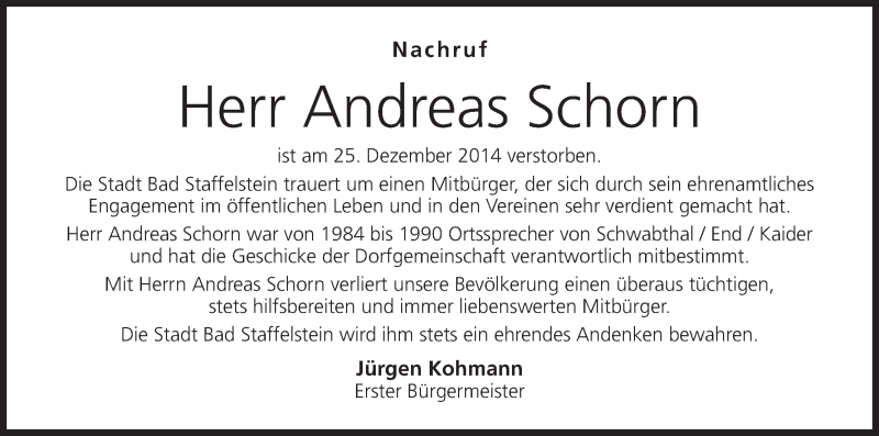  Traueranzeige für Andreas Schorn vom 30.12.2014 aus MGO