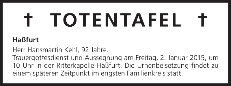  Traueranzeige für Totentafel vom 31.12.2014 vom 31.12.2014 aus MGO