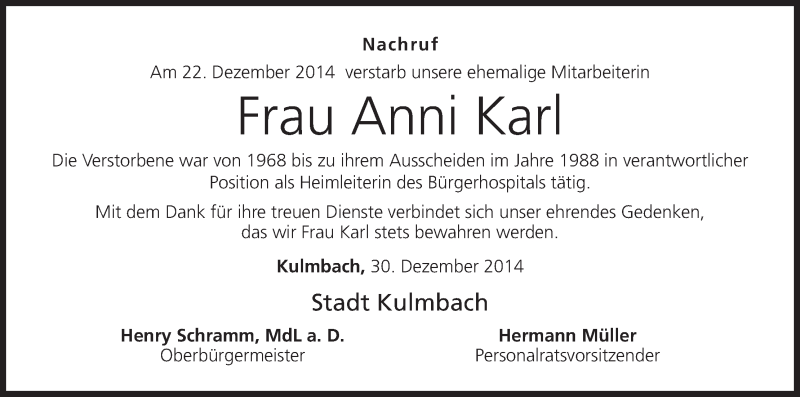  Traueranzeige für Anni Karl vom 31.12.2014 aus MGO