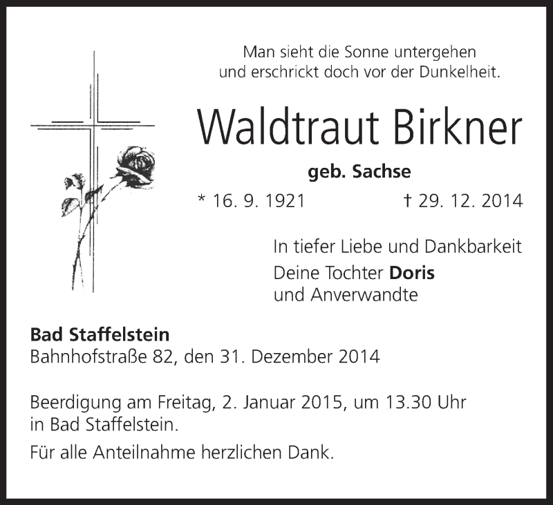  Traueranzeige für Waldtraut Birkner vom 31.12.2014 aus MGO