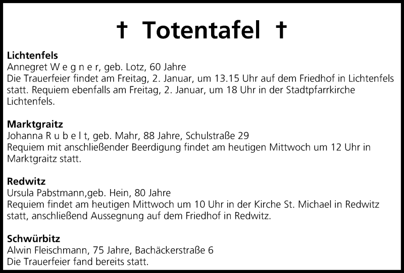  Traueranzeige für Totentafel vom 31.12.2014 vom 31.12.2014 aus MGO