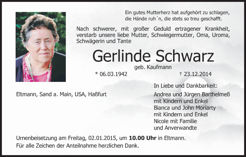  Traueranzeige für Gerlinde Schwarz vom 31.12.2014 aus MGO