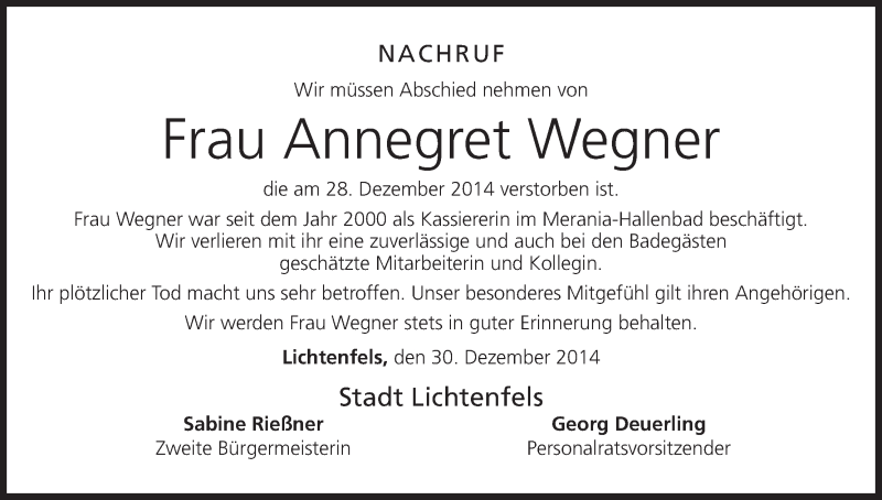  Traueranzeige für Annegret Wegner vom 31.12.2014 aus MGO