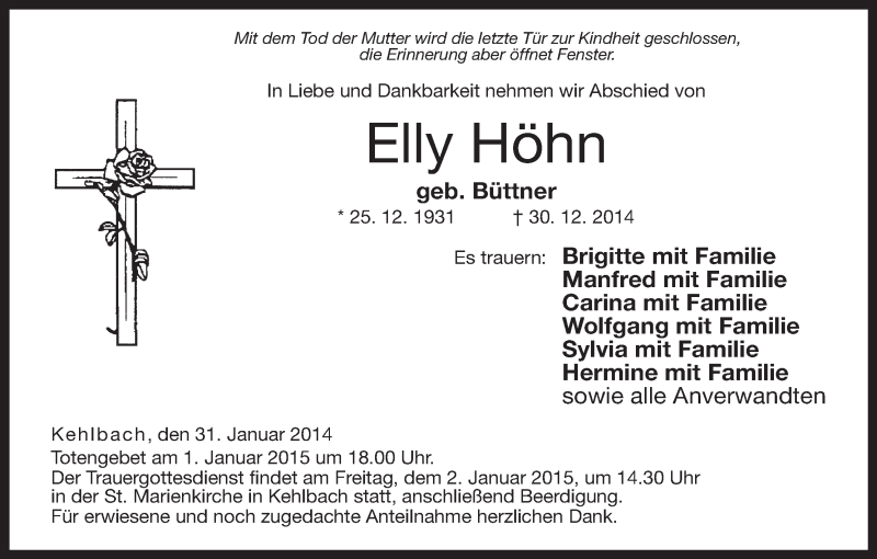  Traueranzeige für Elly Höhn vom 31.12.2014 aus MGO