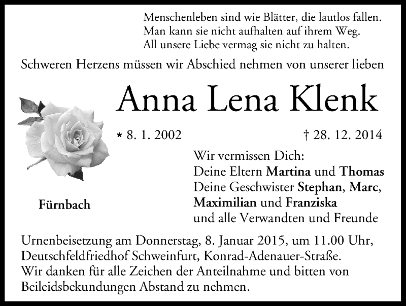  Traueranzeige für Anna Lena Klenk vom 03.01.2015 aus MGO