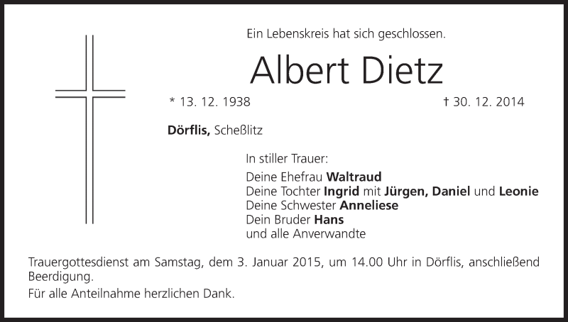  Traueranzeige für Albert Dietz vom 02.01.2015 aus MGO