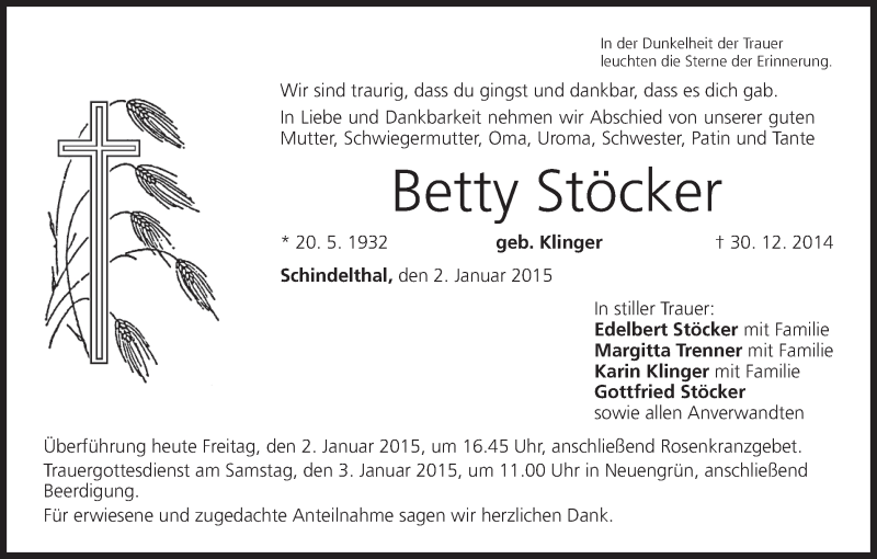  Traueranzeige für Betty Stöcker vom 02.01.2015 aus MGO