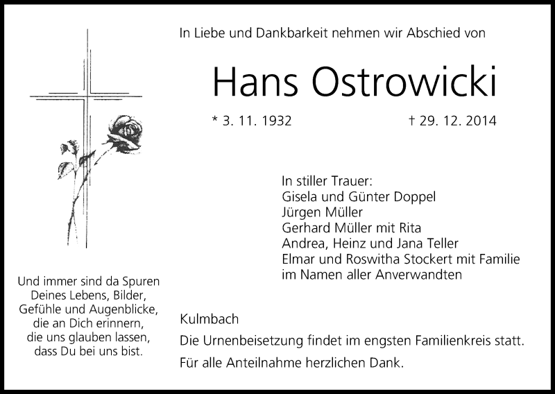  Traueranzeige für Hans Ostrowicki vom 03.01.2015 aus MGO